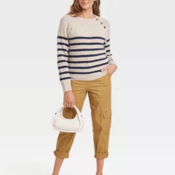 Knox Rose Women's Crewneck Ribbed Pullover Sweater navy/cream size M NWT - Picture 3 of 12